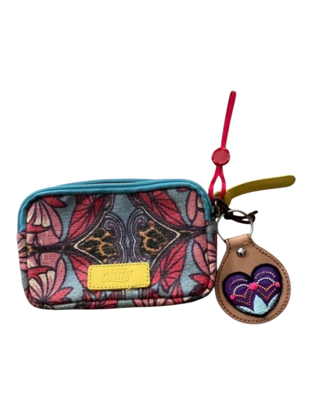 Oilily Floral Canvas Coin Purse Keychain Wallet Leather Fob Boho Y2K